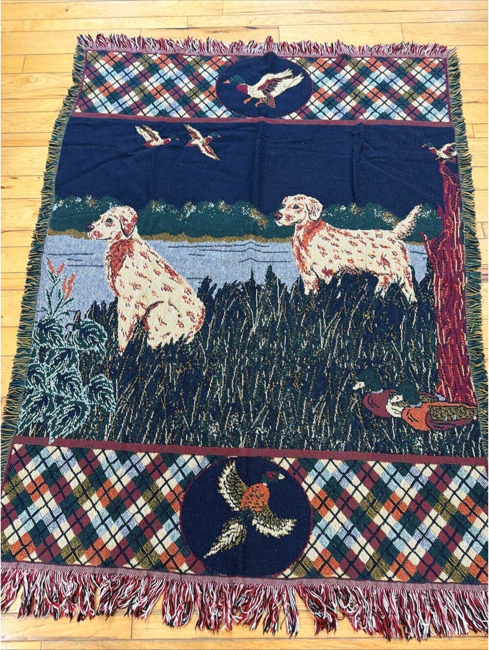 VTG Tapestry Throw Blanket Pheasants Dogs Mallards Cotton Hunting Lodge Rustic